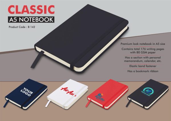 B142 - Classic A5 notebook | Hard bound cover | Pages with memorandum, month planner & bookmark ribbon | 176 writing pages