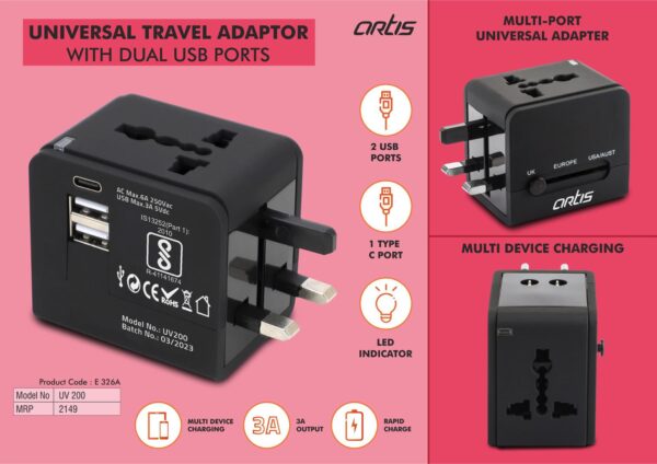 E326a - Artis Universal travel adaptor with Dual USB ports (UV200) (MRP 2149)