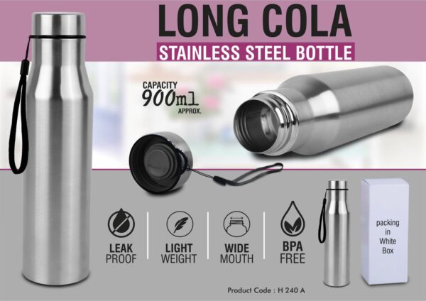 H240a - Long cola stainless steel single wall bottle with carry strap | Capacity 900ml approx