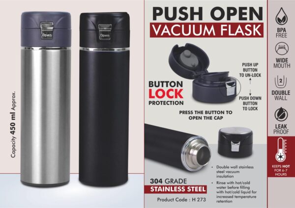 H273 - Push open Vacuum Flask with Button lock protection | 304 Grade Steel | Keeps hot for 6-7 hours | Capacity 450ml Approx