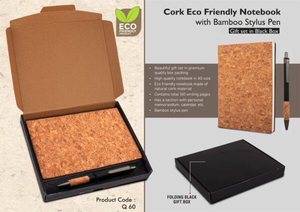 Q60 - Cork Notebook with Cork Grip Velvet touch pen | Gift set in Black box