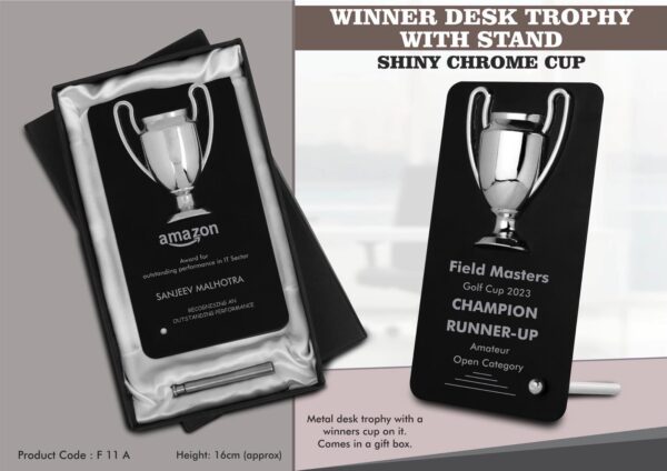 F11a - Winner Cup Desk Trophy with stand | Shiny Chrome Cup with Black Plate