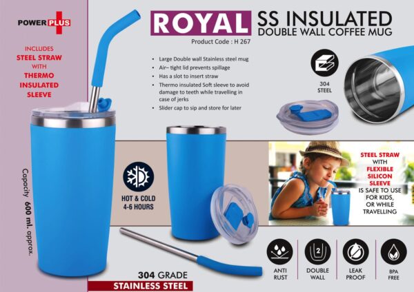 H267 - Royal: Stainless Steel Double wall coffee mug | Premium clear cap with slider lid | Leakproof | Includes Steel Straw with Thermo insulated sleeve