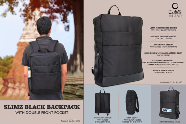 S06 - Slimz black backpack with double front pocket