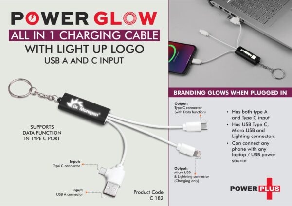 C182 - PowerGlow All in 1 Charging cable with light up logo | Supports Data Function in Type C port | USB A and C input