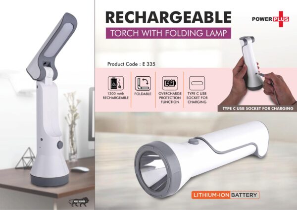 E335 - Rechargeable Torch with Folding Lamp | 1200 mAh rechargeable battery | Type C charging port