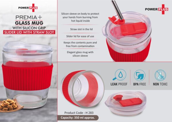 H283 - Premia+ Glass mug with Silicon Grip | Slider Lid with Straw slot | Capacity 350 ml approx