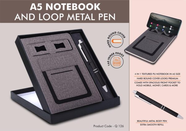 Q126 - Gray Notebook Gift set: Multifunction Notebook With Classy Metal Pen