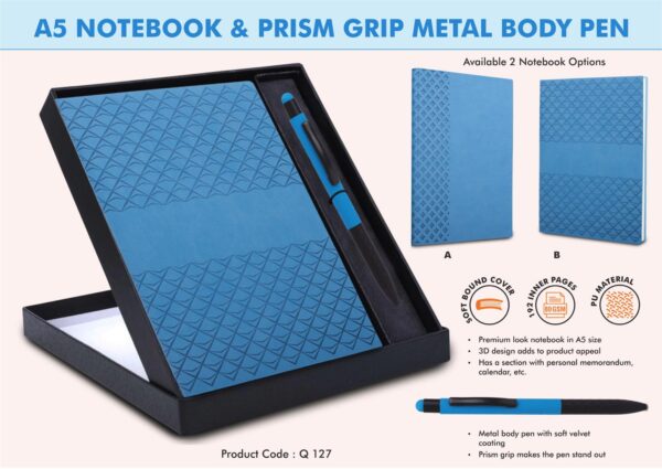 Q127 - Blue Notebook Gift set: A5 PU Notebook With Prism Metal Pen