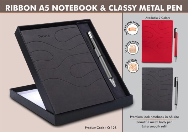 Q128 - Ribbon Notebook Gift set: A5 Ribbon Notebook With Classy Metal Pen