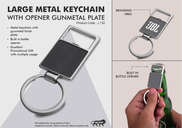 J132 - Large metal keychain with opener | Gunmetal plate