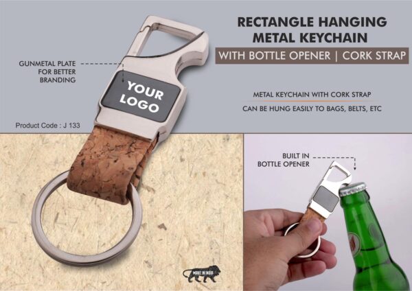 J133 - Rectangle hanging metal keychain with Bottle Opener | Cork strap