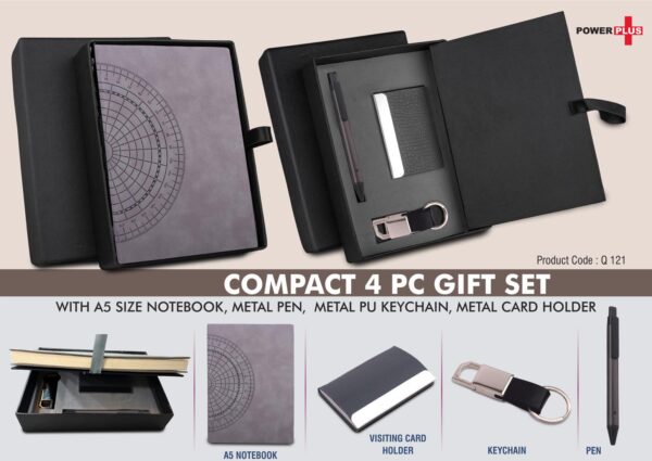 Q121 - Compact 4 pc Gray gift set: A5 size Notebook, Metal pen, Metal PU Keychain, Metal Card holder