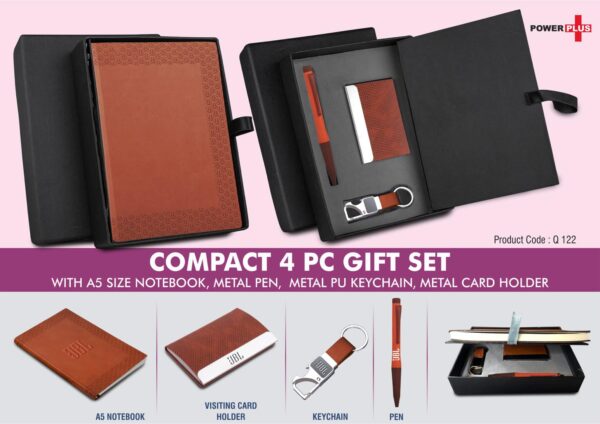 Q122 - Compact 4 pc Tan gift set: A5 size Notebook, Metal pen, Metal PU Keychain, Metal Card holder