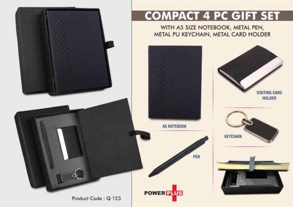 Q123 - Compact 4 pc Black gift set: A5 size Notebook, Metal pen, Metal PU Keychain, Metal Card holder