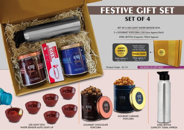 Q141 - Festive Gift Set of 4: 6 pc diya set, Steel Bottle & 2 x Gourmet Popcorn | Metal Plate included