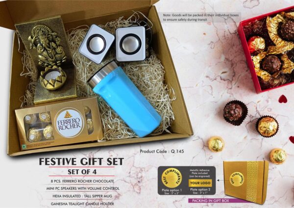 Q145 - Festive Gift Set of 4: Ferrero Rocher 8 pc box, Mini PC speakers, Hexa Insulated Mug & Ganesha Tealight holder | Metal Plate included