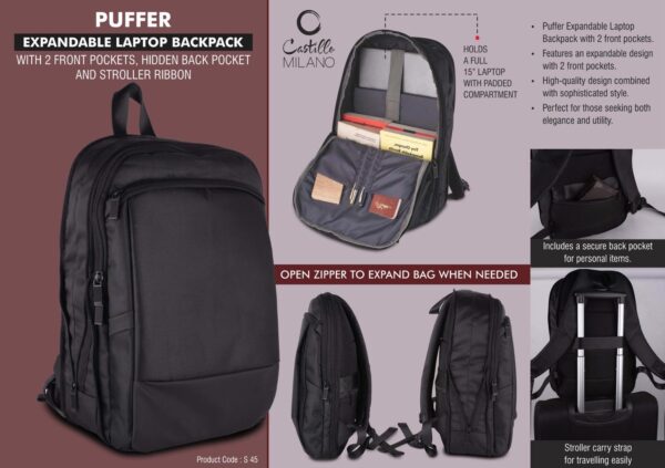 S45 - Puffer: Expandable laptop backpack bag with 2 front pockets, hidden back pocket and Stroller ribbon