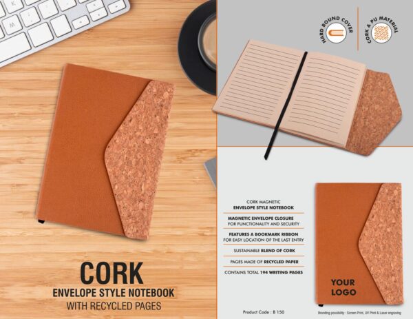 B150 - Cork Magnetic Envelope style Notebook with recycled pages