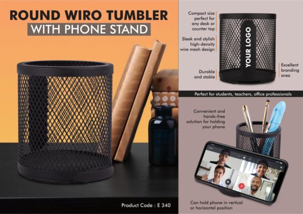 E340 - Round Wiro tumbler with Slide-out Phone Stand