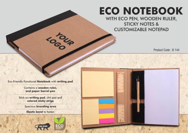 B144 - Eco Notebook with Eco Pen, Wooden Ruler and Sticky notes | Customizable notepad