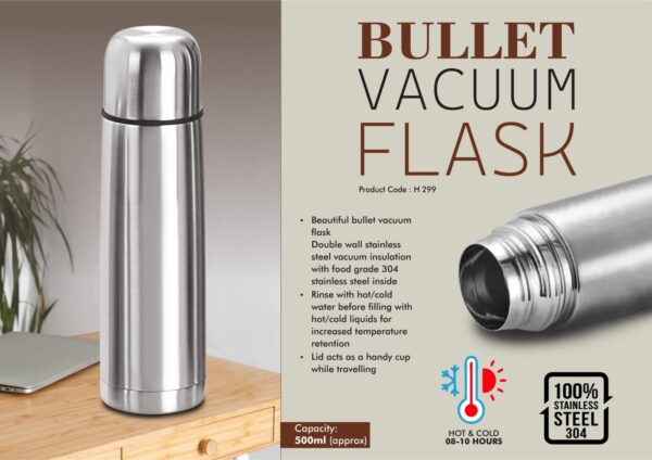 H299 - Bullet vacuum flask with Cap | Capacity 500ml approx | 304 grade steel