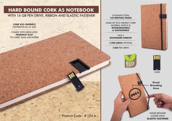 B124a - Hard bound Cork A5 notebook with Pen Drive, Ribbon and elastic fastener- 16 GB USB drive
