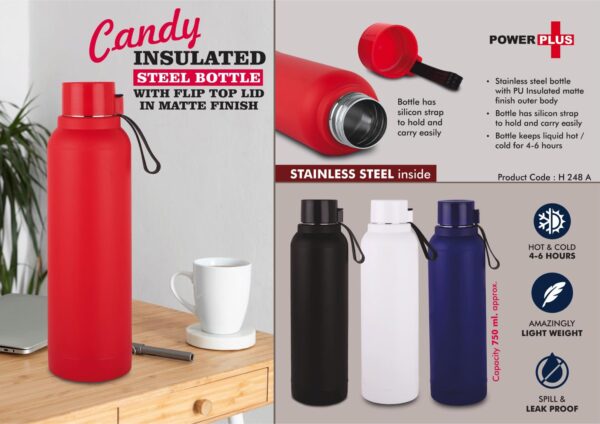 H248a - Candy: Insulated Steel Bottle in Matte Finish | Keeps Hot & Cold for 4-6 Hours | Capacity 750 ml approx