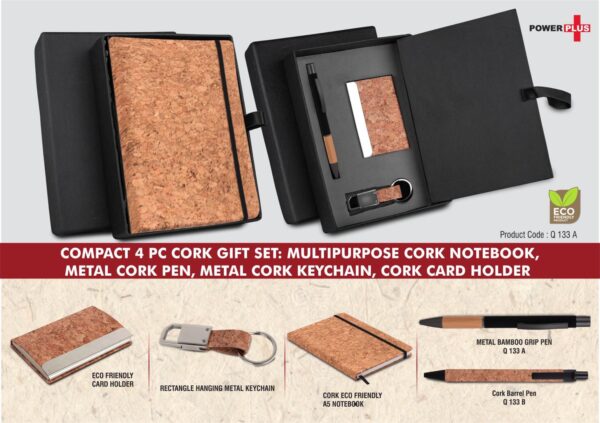 Q133a - Compact 4 pc Cork gift set: Cork Notebook, Metal Bamboo pen, Metal Cork Keychain, Cork Card holder