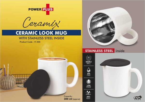 H300 - Ceramix: Ceramic Look mug with Stainless Steel inside | Lid included | Capacity 350ml approx