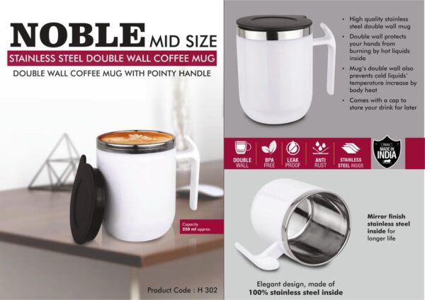 H302 - Noble: Mid Size Stainless Steel Double wall Coffee mug with Pointy handle | Leak Proof | Capacity 250ml approx