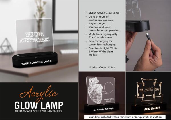 E344 - Acrylic Glow Lamp - Rechargeable| 1200 mAh battery| White & Warm white light| Dimmer & Touch Sensor| 6 x 6" Acrylic sheet| Type C charging| Branding Included MOQ 200 pcs
