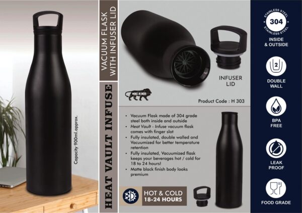 H303 - HeatVault Infuse: 900 ml vacuum flask with infuser lid | 304 steel inside & outside | 18 hours hot/cold