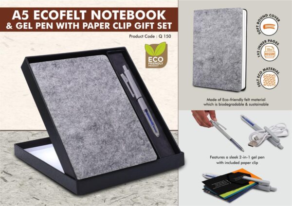 Q150 - EcoFelt Notebook Gift set: A5 Eco Notebook With Paper Clip Gel Pen