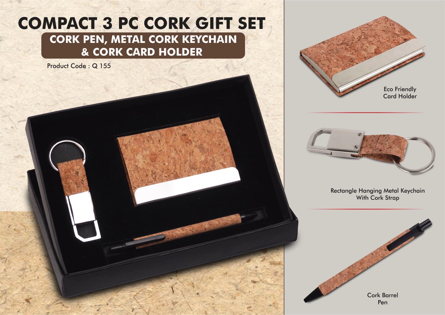 Q155 - Compact 3 Pc Cork Gift Set: Cork Pen, Metal Cork Keychain & Cork ...