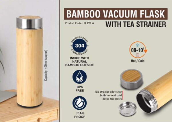 H191a - Stainless steel Bamboo Vacuum flask with Tea Strainer | Capacity 400 ml approx