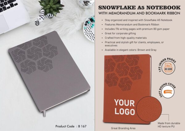 B167 - Snowflake A5 Notebook with Memorandum and Bookmark Ribbon | HD texture PU