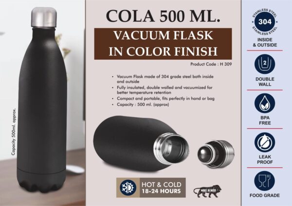 H309 - Cola 500 ml Vacuum flask in Color Finish | 304 steel inside & outside | 18 hours hot/cold