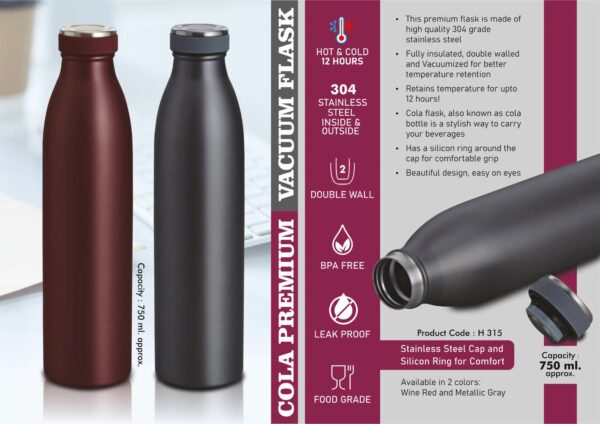 H315 - Cola Premium Vacuum Flask | 304 steel inside & outside | Capacity 750ml | 12 hours hot / cold