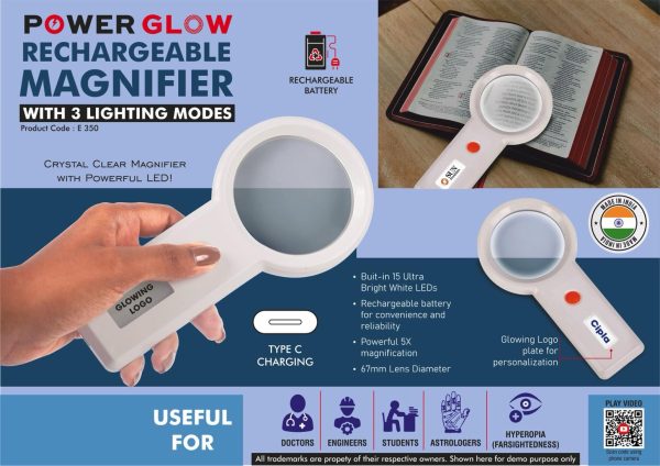 E350 - PowerGlow Rechargeable Magnifier with 3 lighting modes & Glowing Logo plate | Type C charging