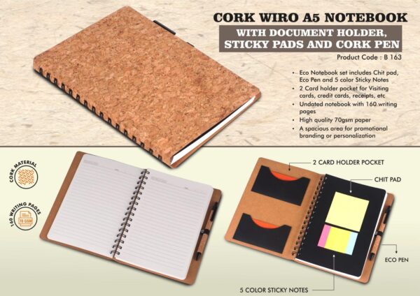 B163 - Cork Wiro notebook with Document Holder, Sticky pads and Cork Pen | A5 size