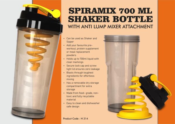 H314 - SpiraMix 700 ml Shaker Bottle with Anti Lump mixer attachment