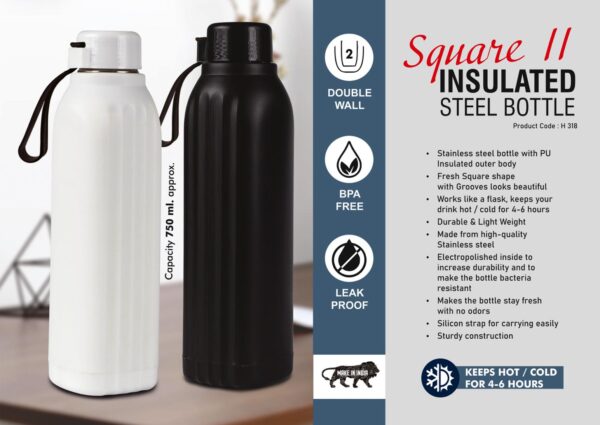 H318 - Square II: Insulated Steel Bottle | Keeps Hot & Cold for 4-6 Hours | Strap for Carrying easily | Capacity 750 ml approx