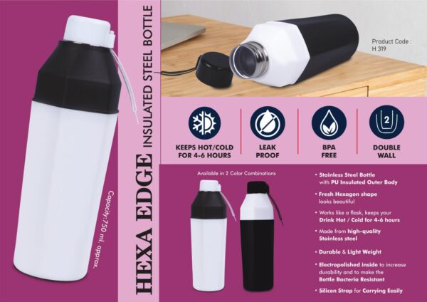 H319 - Hexa Edge: Insulated Steel Bottle | Keeps Hot & Cold for 4-6 Hours | Strap for Carrying easily | Capacity 750 ml approx