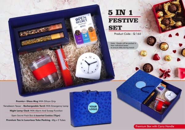 Q164 - Festive Set of 5: Glass Mug with Silicon Sleeve, Rechargeable Backlight Alarm Clock, Rechargeable Torch with Lamp, Assorted Cookies Pack, Tea Gift Pack