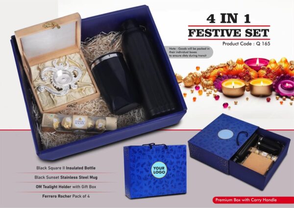 Q165 - Festive Set of 4: Square Insulated Bottle, Premium SS Mug, OM Metal Tealight holder, Ferrero Rocher Pack of 4