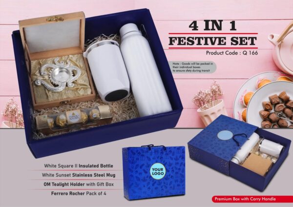 Q166 - Festive Set of 4: Square Insulated Bottle, Premium SS Mug, OM Metal Tealight holder, Ferrero Rocher Pack of 4