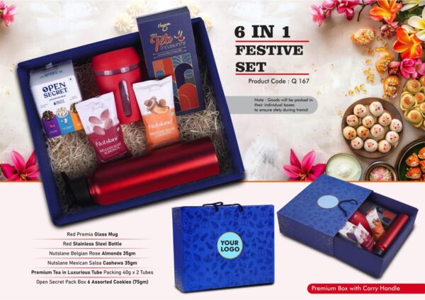 Q167 - Festive Set of 6: Glass Mug with Silicon Cover, SS Bottle 1L, Assorted Cookies Pack, Mexican Salsa Cashews, Belgian Rose Almonds, Tea Gift Pack