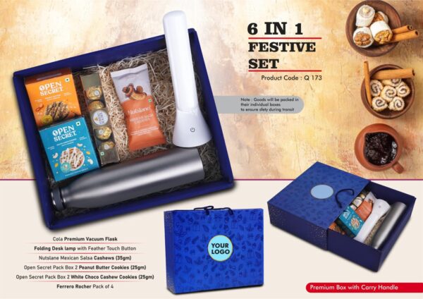 Q173 - Festive Set of 6: Cola Vacuum Flask 750ml, Folding Desk Lamp, Ferrero Rocher Pack of 4, 2 Choco Cashew Cookies, 2 Peanut Butter Cookies, Mexican Salsa Cashews