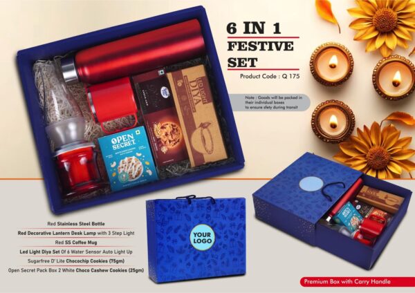 Q175 - Festive Set of 6: SS Bottle 1L, Decorative LED Lamp, SS Coffee Mug, 2 Choco Cashew Cookies, LED Light Diya Set of 6, Sugarfree Choco Chip Oat Cookies